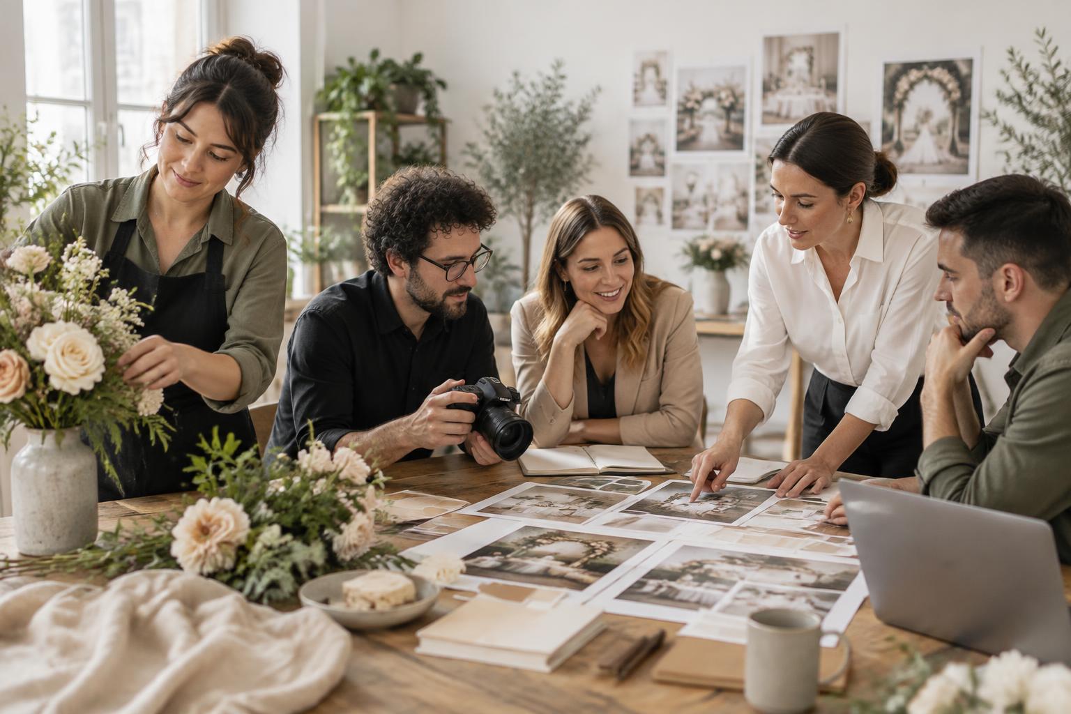 Event professionals collaborating around a table